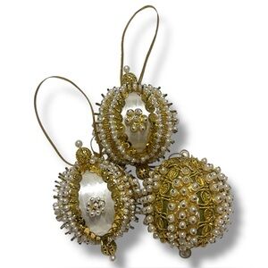 3 Beaded Sequin Christmas Ornaments Lot Gold White Pearl Push Pin From Kits